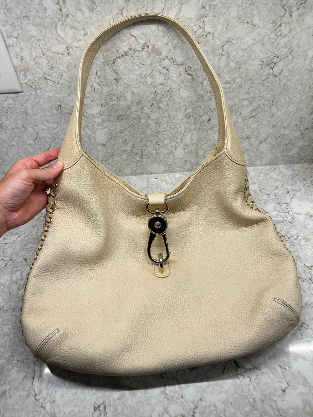 Dooney & Bourke Cream Pebbled Leather Shoulder Bag with Silver Hardware
